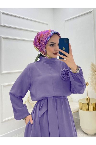 Modamorfo Lilac Stand Collar Belted Rose Jumpsuit