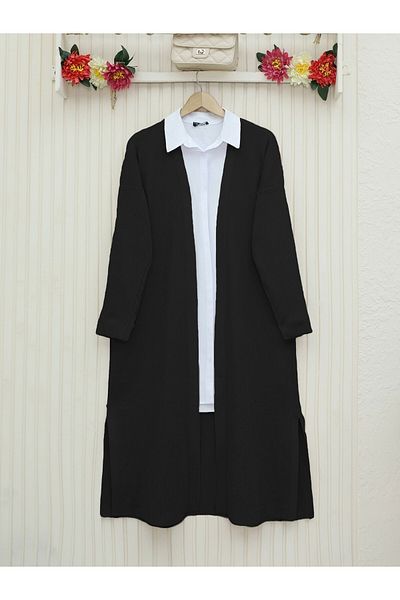 Modamorfo Ribbed Long Knitwear Cardigan with Side Slits - Black