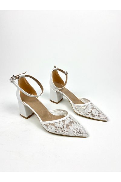 Gloriys Ayakkabı & Çanta White Skin Lace 6 cm High Thick Heel Shoes 01424