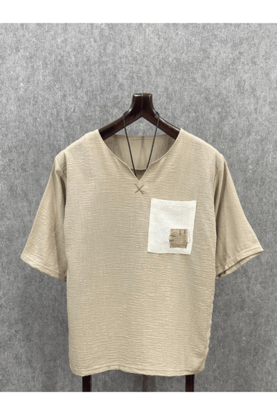 FıttingRoom Oversize El İşi Detaylı Bohem Pamuklu Bej Tshirt
