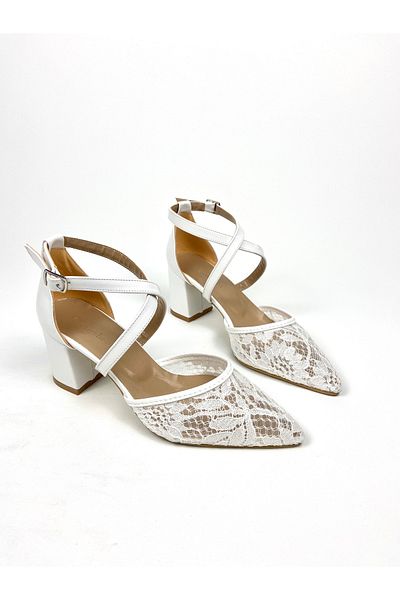 Gloriys Ayakkabı & Çanta White Skin Lace 6 cm High Thick Heel Shoes 01423