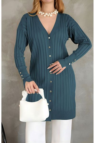Modamorfo Metal Buttoned Slit Knitwear Cardigan - Petrol