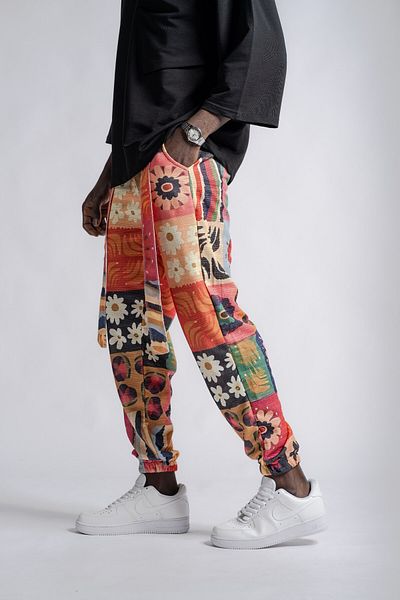 Superbluemexico Men's Patterned Belted Colorful Jogger Pants