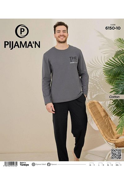 Pijamoni Men's Cotton Bicycle Collar Long Sleeve Thin Pajama Set 6150/10 - 1 Piece
