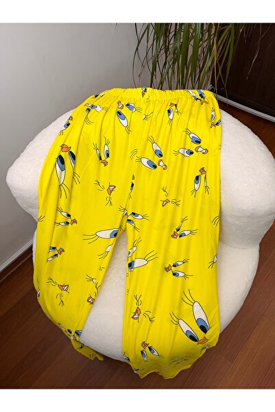 Bahar Altundemir Kadın Sarı Tweety Desenli Süet Tek Alt Pijama Kadın Tweety Desenli Pijama Altı