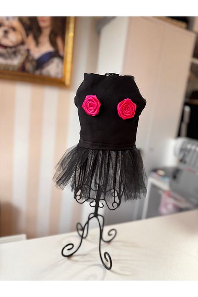 For a Fur Cat Dog Tutu Dress Black and Pink Rose Detailed