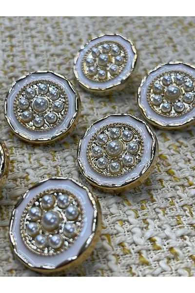 ODDA TASARIM ATÖLYESİ White Epoxy Pearl Detail Gold Metalized Button 20 mm 6 Pieces (Plastic)