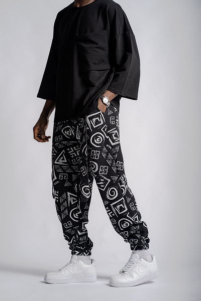 Superbluemexico Men's Patterned Belted Anthracite Jogger Trousers