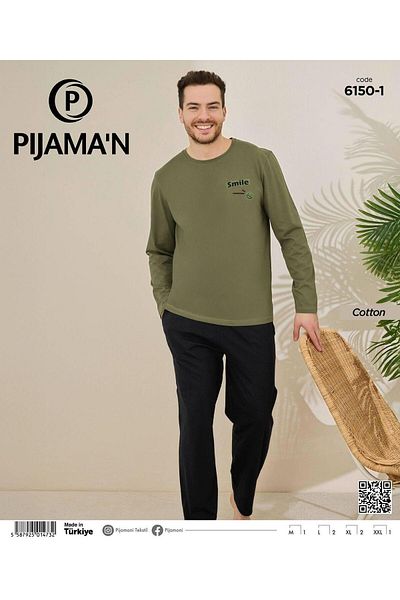 Pijamoni Men's Cotton Bicycle Collar Long Sleeve Thin Pajama Set 6150/1 - 1 Piece