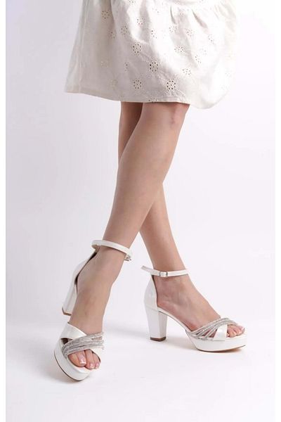 KCMN Sedef Platform-Heeled Women's Abire Shoes with Three Strips of Stone 10 cm