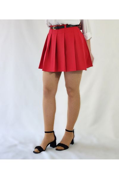 MRV DESIGN Red Woven Pleated Skirt with Belt High Waist