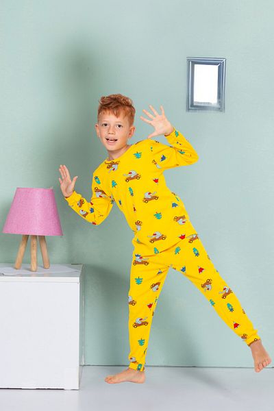 MADALİNA Set de pijamale pentru băiat, 100% bumbac, cu model elefant galben