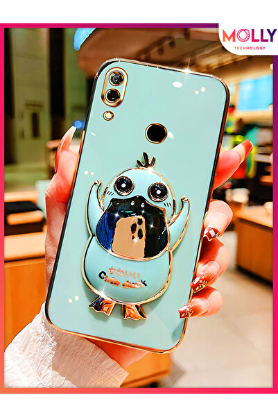 Molly Huawei Y7 2019 Için Su Yeşili Sevimli Ördek Standlı Kenarları Gold Deta...