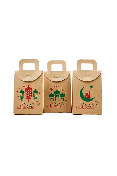 reprodesign 3Pcs 10X15Cm Eid Mubarak Printed Kraft Blank Handkerchief Gift Package for Pocket Money and Candy