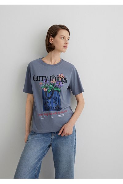 Mavi tricou de damă cu imprimeu floral cu croiala normală