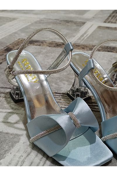Renasay shose Дамски ледено сини сатенени сандали с панделка на ток