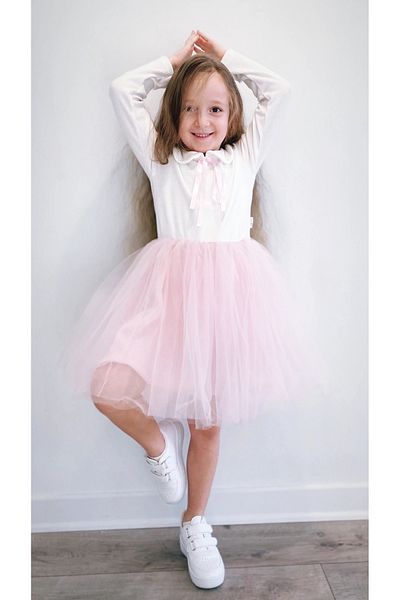 Şirin Şeyler Butiği Perla Rochie Tutu Pufoasă Prințesă Fete Mânecă Lungă Guler Bebe Lycra Elastic Roz Alb