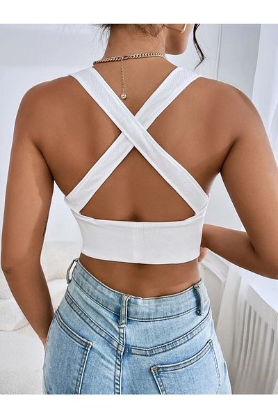 SYM Cross Back Tie Degaje Collar Bustier Crop