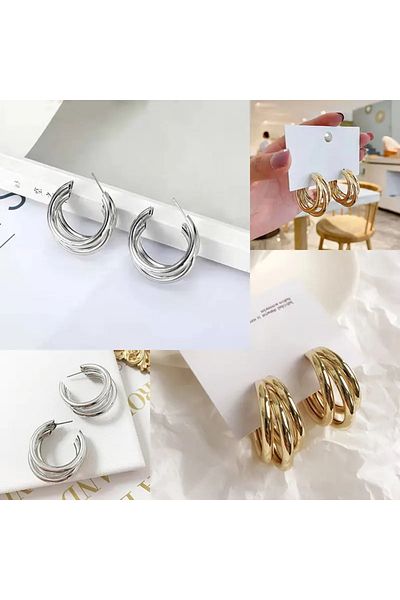 QAYYO Three Row Cutout Hoop Gold Color Women Earrings
