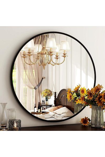 Generic Elegant round wall mirror with black frame, size 60 cm