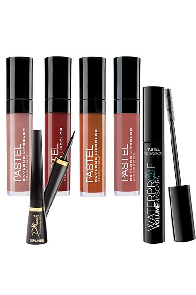 Pastel Daylong Lipcolor Kissproof Liquid Matte Lipstick 43 -31-36-38 4 Pack Lipstick + Waterproof Mascara +Dynamic Dipliner