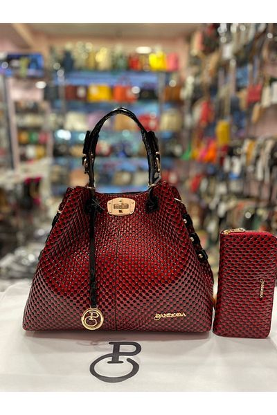 Pandora Bags Red Patent Leather Honeycomb Bag and Wallet Set
