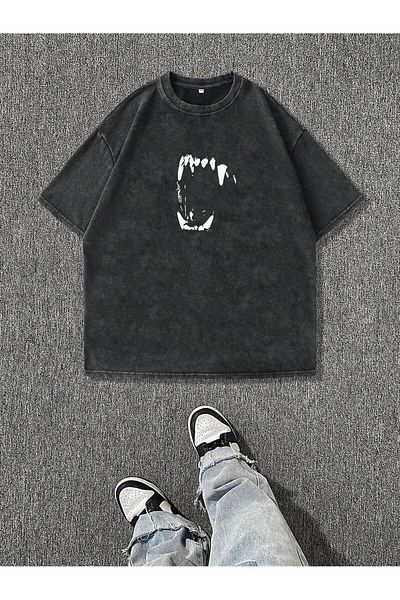 EFFRENATU Monster Mouth Printed Organic Batik Cotton Black Unisex T-Shirt