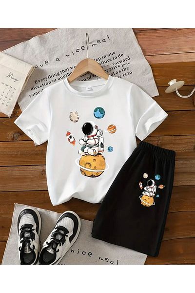 vinraus Girl\Boy White-Black Planets and Astronaut Printed Shorts-Tshirt Set