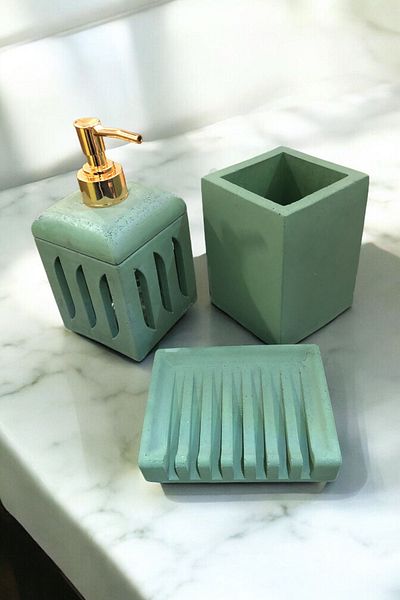 RocArt Home Set de baie ondulat din beton (dozator de săpun lichid, suport pentru periuță de dinți, dozator de săpun solid)