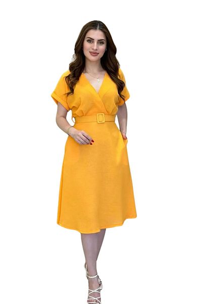 Moda Amore Rochie de vară pentru femei cu mâneci scurte - Curea din țesătură Aerobin Detaliată Buzunar ascuns Midi Lungime 135
