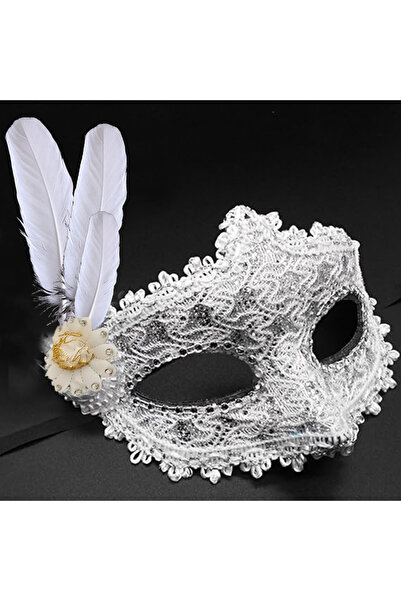 Go İthalat قناع حفلات راقصة أبيض اللون مزين بالريش والدانتيل مع أحجار على الع...