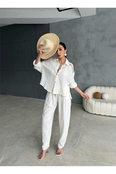 Modayakamoz Shoulder Fringe Seashell Shirt - Trousers Suit - Ecru