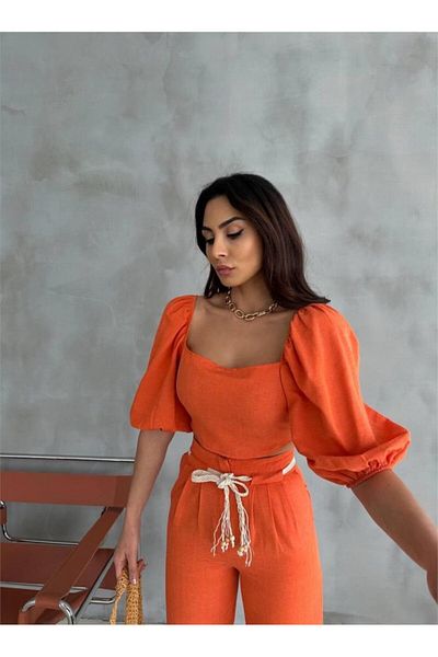 gelirr Linen Crop Watermelon Sleeve Bluz-Pants with Straw Belt - Orange