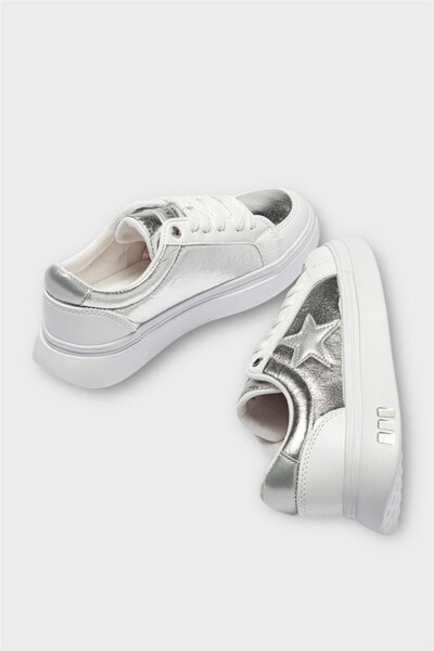 Liger Pantofi sport sport casual, cu detaliu stea pentru femei, ALB - ARGINTIU