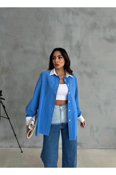 MODAVERA Sleeve and Cuff White Closed Pleat Detail Shirt - Blue