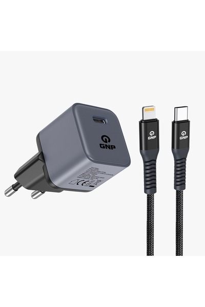 GNP 20w Hızlı Şarj Adaptörü + Type-c To Lightning Şarj Kablosu Siyah GaN PD (2 YIL GENPA GARANTİLİ )