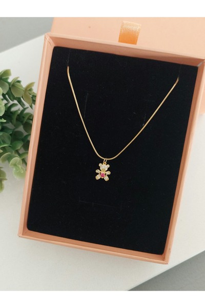 LUCKY ACCESSORIES ÇELİK ZİNCİR ZİRKON TAŞ AYICIK FİGÜRLÜ KOLYE