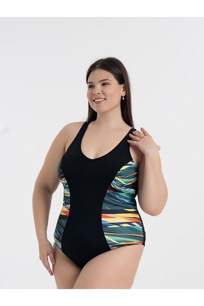 AQUAVİVA Aquaviva Women's Black Mixed Pattern Plus Size Edna V-Neck Gathering Swimsuit