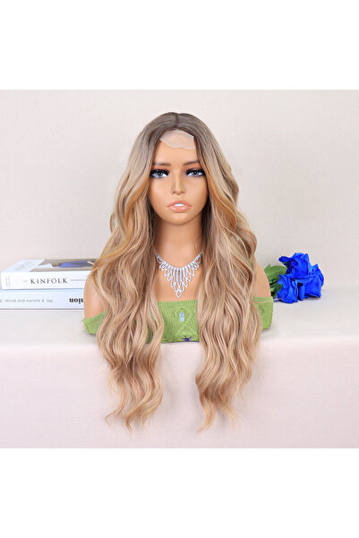 Mina Peruk Koyu Kumral Dore Sarı Ombreli Perçemler Bakır Işıltılı Tül Peruk