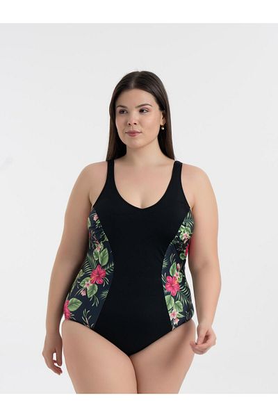 AQUAVİVA Aquaviva Women's Black Violet Pattern Large Size Edna V-Neck Gathering Swimsuit
