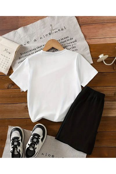 vinraus Girl\Boy White-Black Planets and Astronaut Printed Shorts-Tshirt Set
