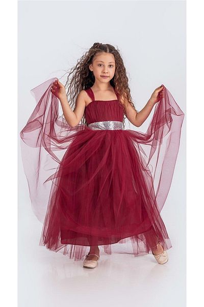 s.t. sebat tekstil Girl's Evening Dress with Satin Gimp and Long Tulle Skirt