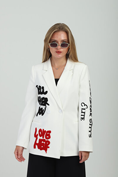 Milamia سترة نسائية بيضاء مطرزة بأزرار مزدوجة