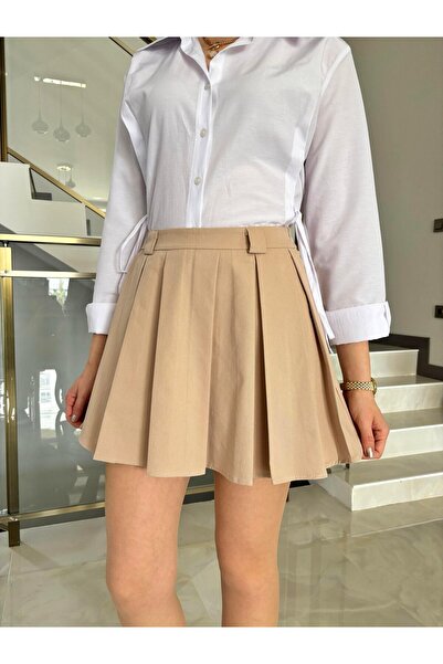 Butik Bej  Pileli Mini Etek