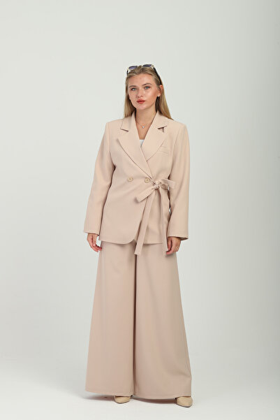 Milamia بدلة نسائية بيج مزدوجة الصدر مع ربطة جانبية بزر مزدوج