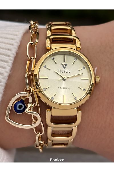 Fiesta Gold Yellow Steel Strap Bridal, Engagement, Wedding Small Case Wristwatch