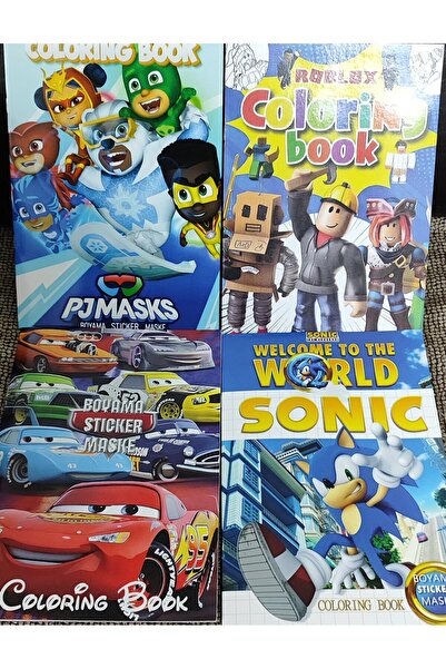 bundle island 4 adet stickerli boyama kitabı (arabalar,sonic,roblox,pijamaske...
