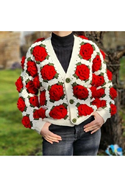 Melonndesign Cardigan de damă cu detaliu trandafir, croșetat