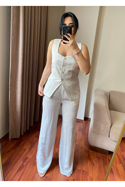 MODA Women's Square Neck Tie Waist Vest Pants Stone Color Two Piece Set