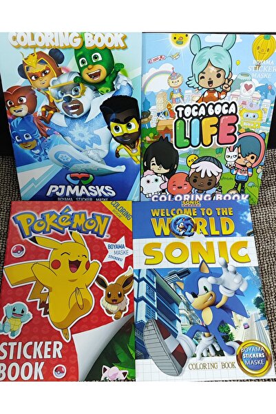 bundle island 4 adet stickerli boyama kitabı (pocemon,pijamaske,toca boca lif...